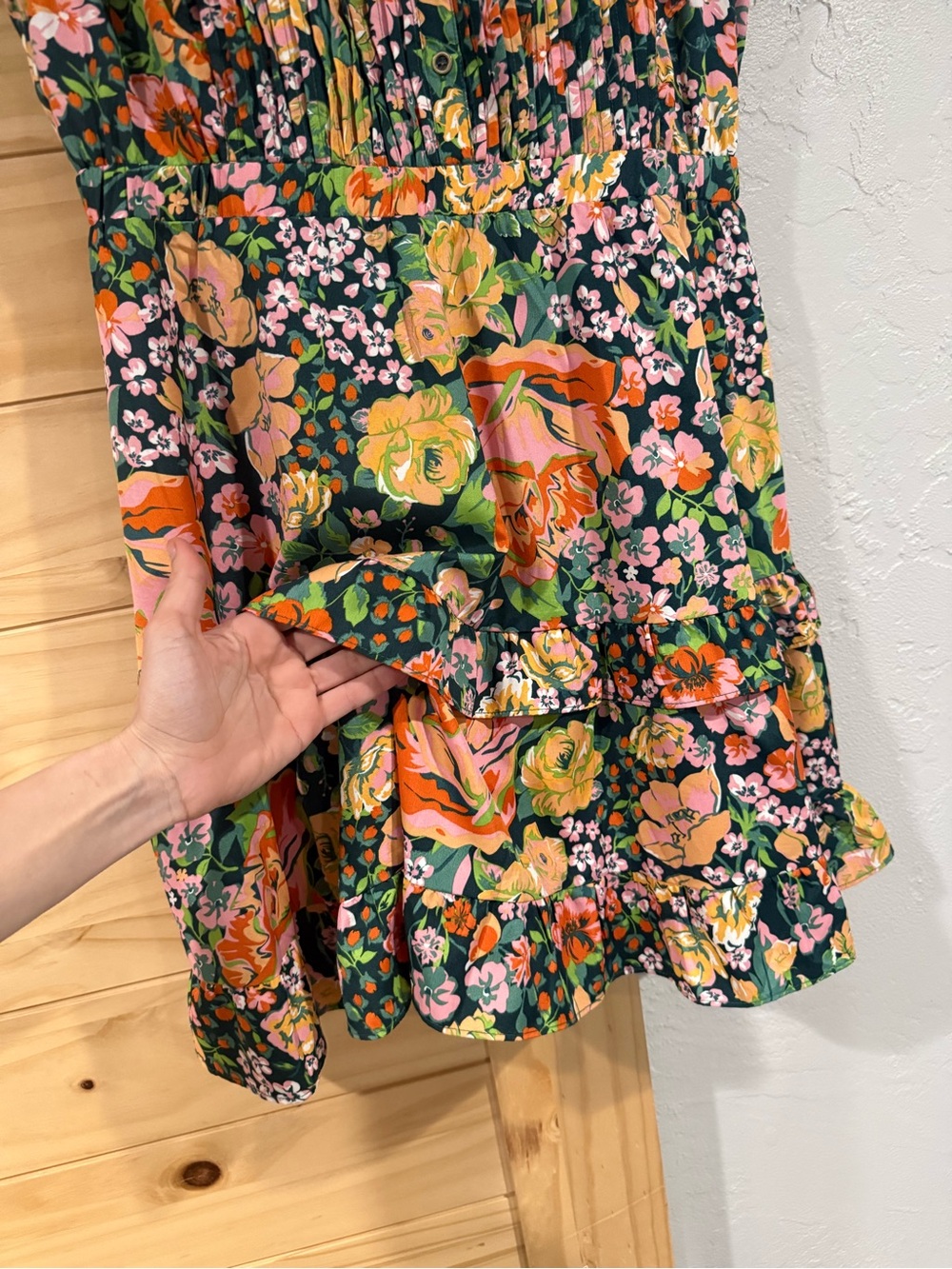 NWT THML Floral Ruffle dress in Green Pink Peach - Picture 9 of 16